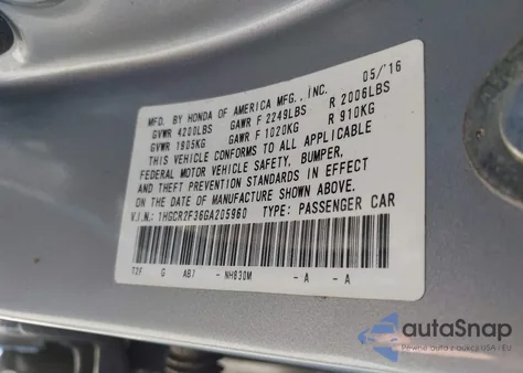 2016 Honda Accord Lx из США, поврежденный, VIN 1HGCR2F36GA205960